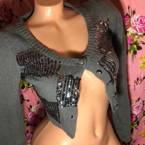Betsey Johnson Gray sequin checkered crop cardigan